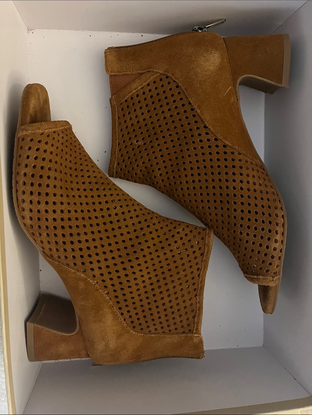 NYDJ Tan Perforated Suede Peep-Toe Ankle Booties